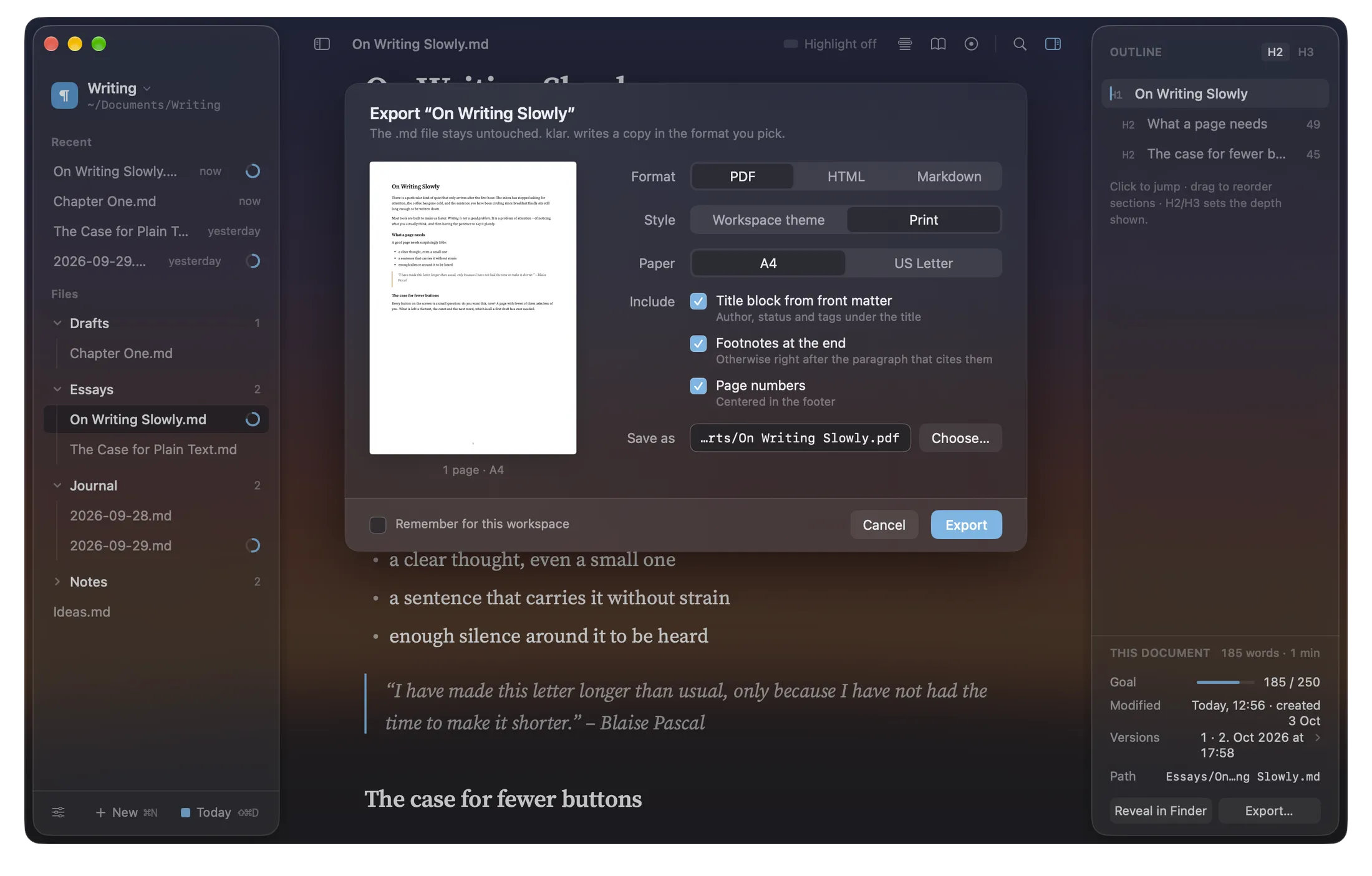 The export sheet: format, style and paper options with a page preview