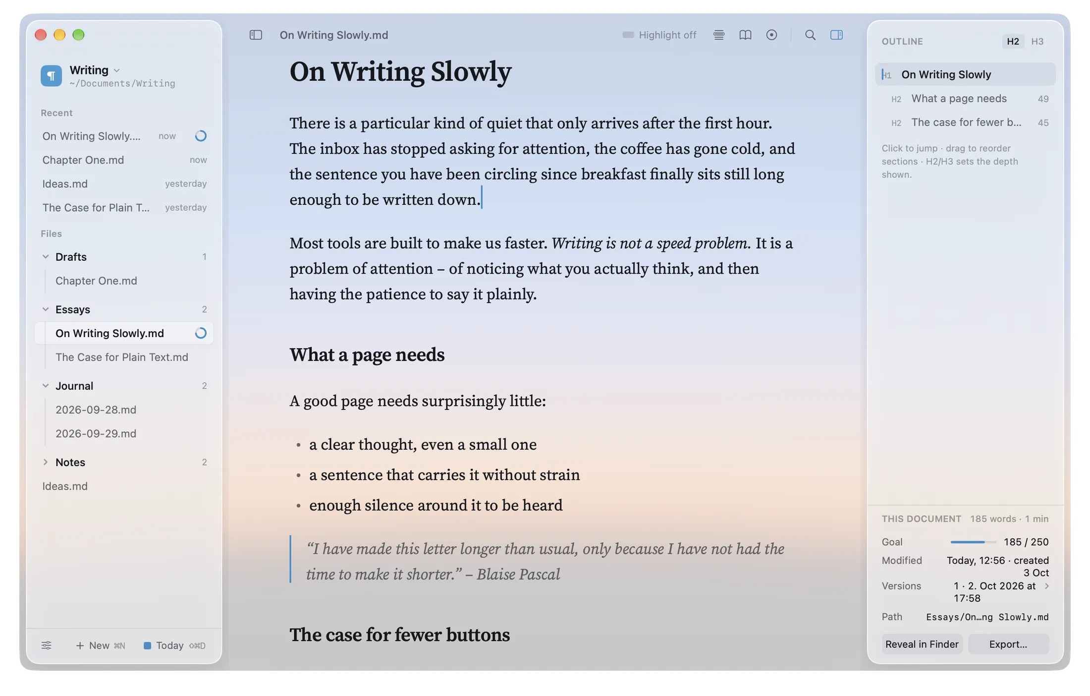 klar. on a Mac: the editor with the outline inspector open